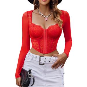 Avidlove Women Mesh Top Lace Crop Top Long Sleeve Sheer Blouse Y2K Mesh Shirts Sexy Going Out Tops Club Outfits (Medium, Red)