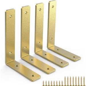 Gold Heavy Duty Shelf Brackets 8 Inch, Extra Thick L Shelving Brackets, Rustic Gold Iron Floating Shelves Wall Mounted with Hardware for DIY Open Shelving, 4 Pack