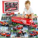 Fire Toys for 3 4 5 6 Years Old Boys Girls Kids, Die Cast Metal Fire Truck Toys W/Play Mat, Rescue Emergency Fire Truck Car Toy, Toddler Car Toy Christmas Birthday Gifts for Boys