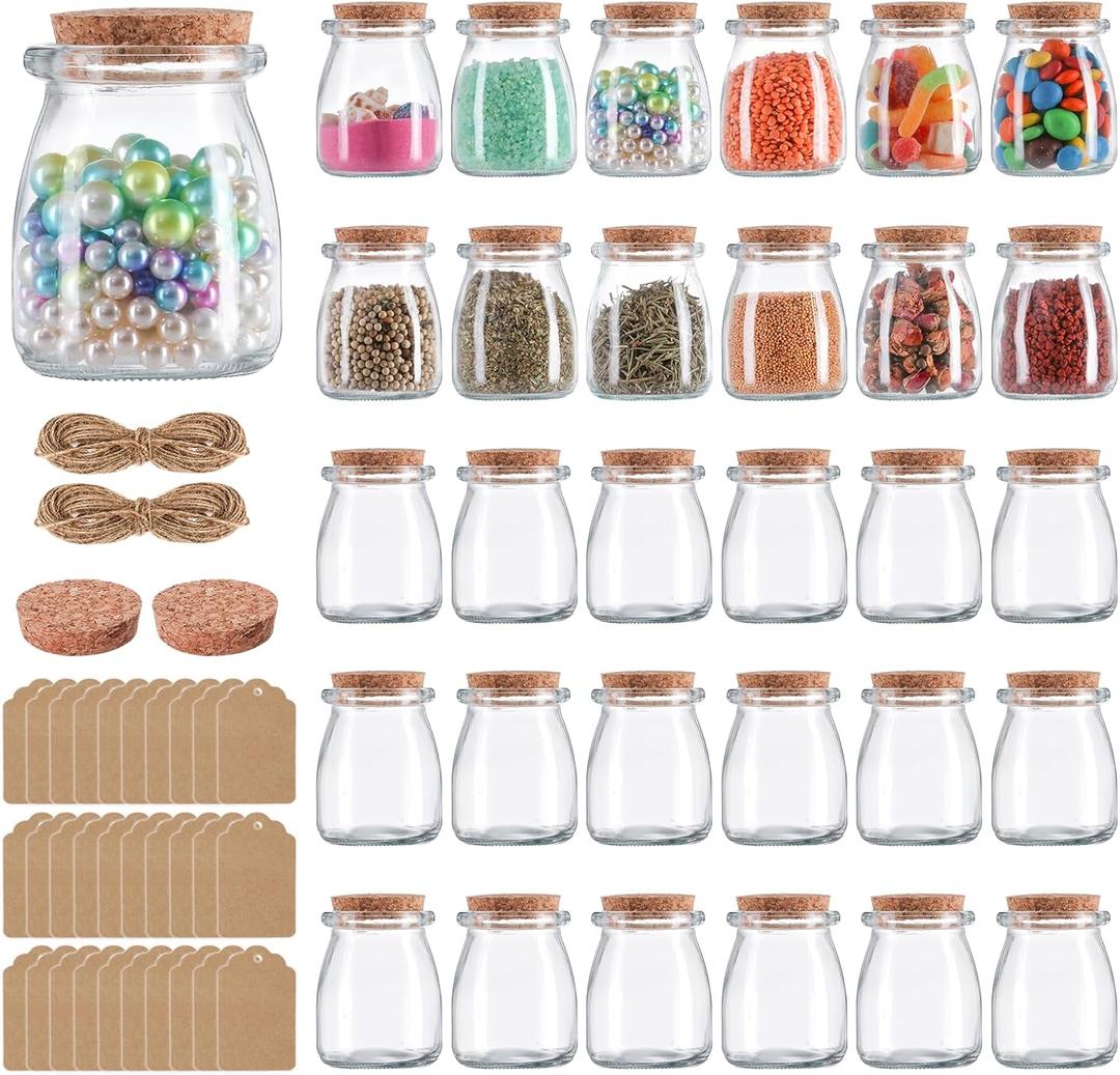 Mini Yogurt Jars 7 oz, 30 Pack Glass Jars with Cork Lids, Candle Containers with Label Tags and String for Wedding favors, Candy, Bath Salts, Spices, Pudding