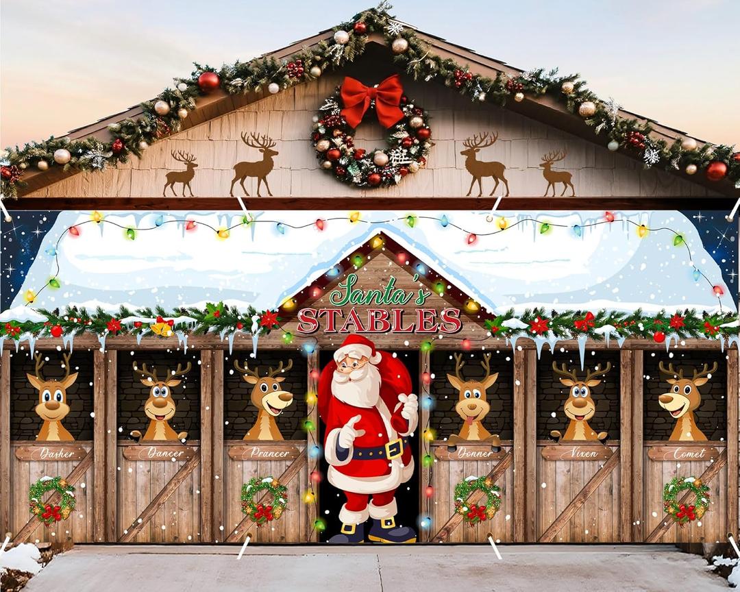 Christmas Garage Door Banner Decoration Magnetic Double Garage Door Covers Large Xmas Backdrop Decorations for Holiday Indoor Outdoor Party Decor(16 x 7 ft,Santa Claus)