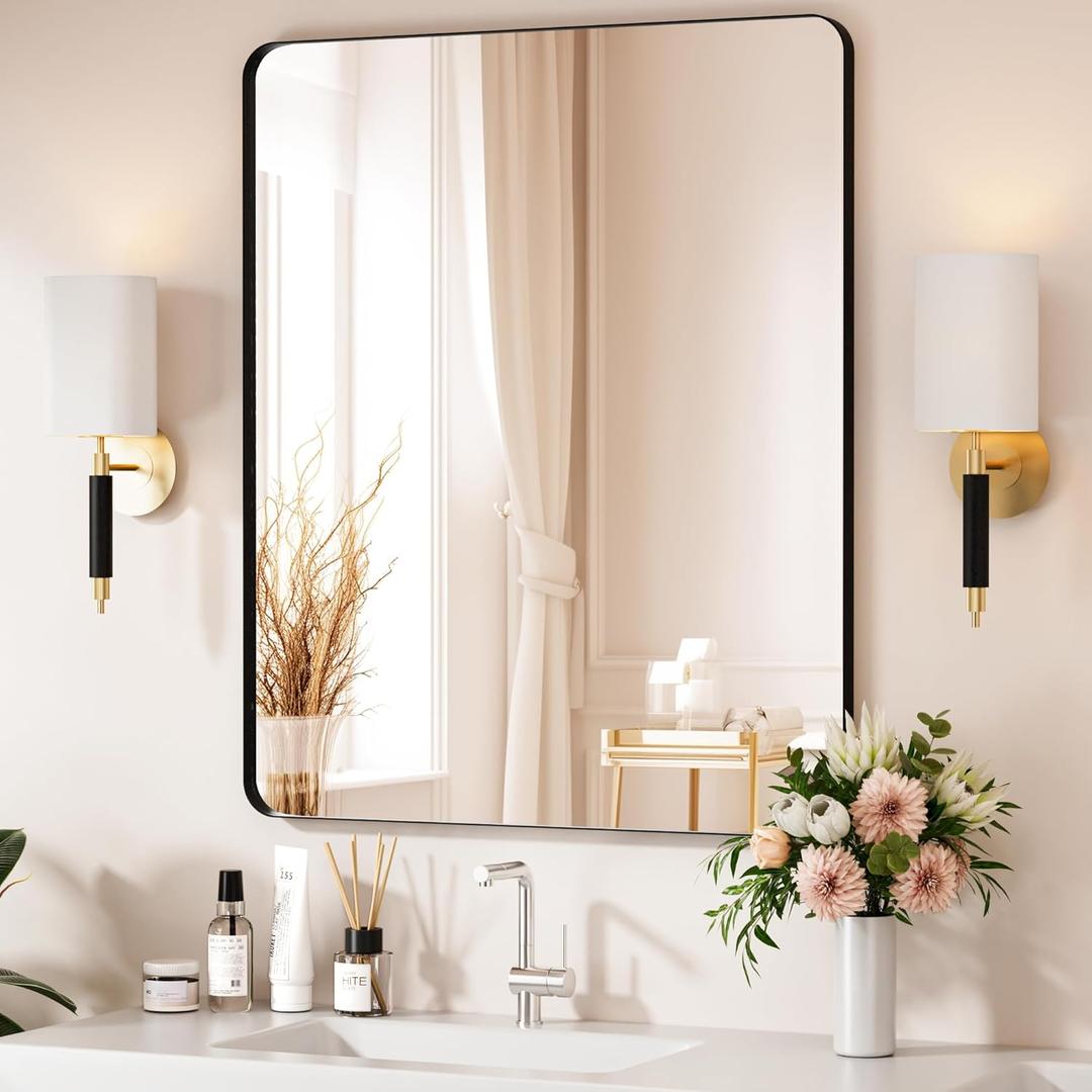 Black Bathroom Mirror 30X36 Inch Bathroom Vanity Mirror for Wall, Metal Frame Large Mirror, Tempered Glass, Modern Wall Mirror for Bathroom, Farmhouse, Horizontally or Vertically Hanging