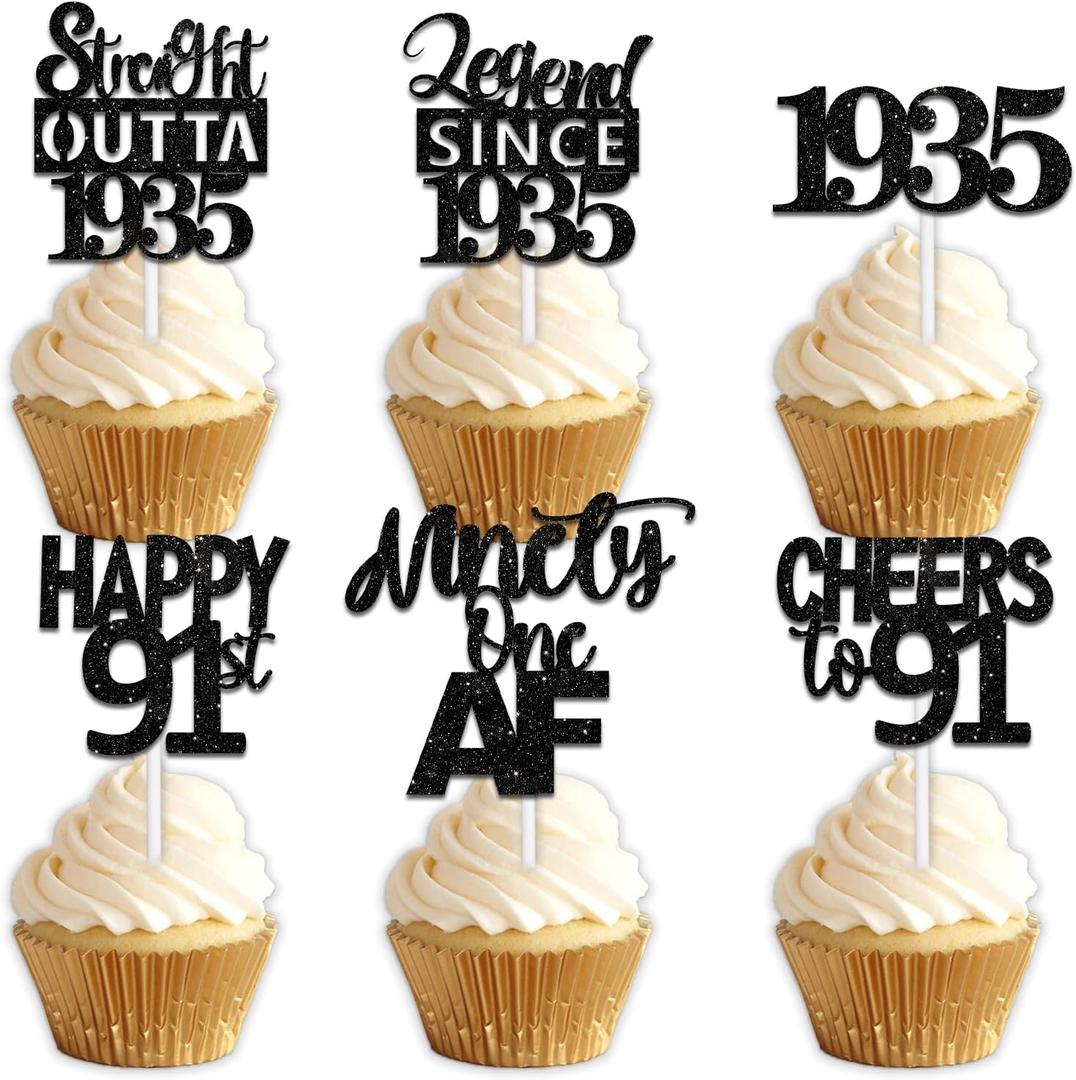 18pcs Black Glitter Dessert Cupcake Pick for Straight Outta 1935 Legend Since 1935 Theme Decor Supplies Men Happy 91st Birthday Party Decoration