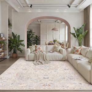 8x10 Beige Multi Washable Area Rug for Living Room Bedroom Neutral Floral Soft Low Pile Lightweight Throw Rug Non Slip Distressed Carpet Dining Room Nursery Classroom Playroom Home Decor