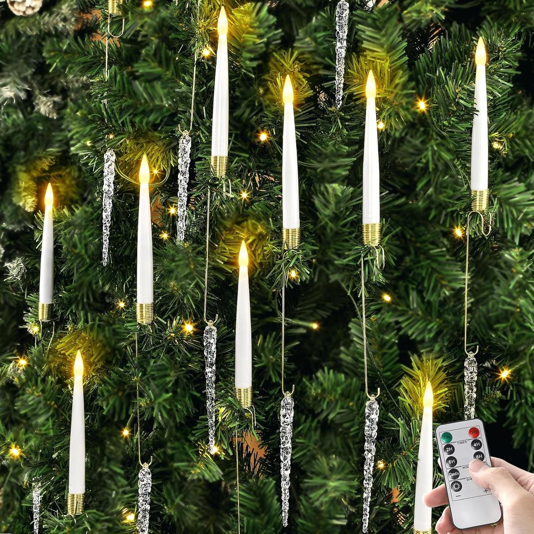 gisgfim 12 Pack Christmas Tree Candles with Remote & Hooks LED Flickering Flameless Candles with Timer Hanging Crystals Ornaments for Home Party Gifts Wedding Chandelier Decors-Acrylic Icicles Hook