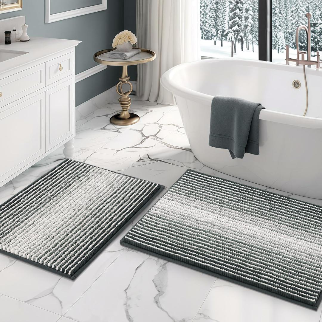 BSICPRO Bathroom Rugs and Mats Sets, 2 Piece Thick Absorbent Chenille Non Slip, Soft Shaggy Bath Room Floor Mats for Bathroom, Machine Washable (Blue Grey, 20" x 32" Plus 16" x 24")