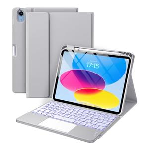 Harvopu Compatible for iPad 11th 10th Generation Case with Keyboard, Folio Cover with Pencil Holder, Multi-Touch Trackpad, 7 Color Backlit, Detachable Keyboard for iPad (A16) 11th/10th Gen (Gray)