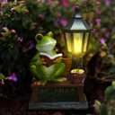 Frog Garden Statue Home Outdoor Decor - Solar Frogs Learning Sculptures Auto LED Waterproof Lights, Garden Outside Figurine Ornament, Women/Gardening/Housewarming Gift for Yard/Pond