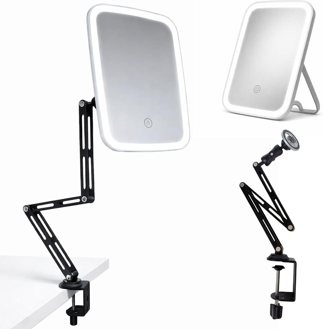 Ezcora Clip On Vanity Mirror with Light for Nearsighted Makeup, Magnetic Detachable Makeup Mirror with Extension Arm, Rechargeable 3 Color Lighted Mirror for Desk, Tabletop or Clamp-On Use