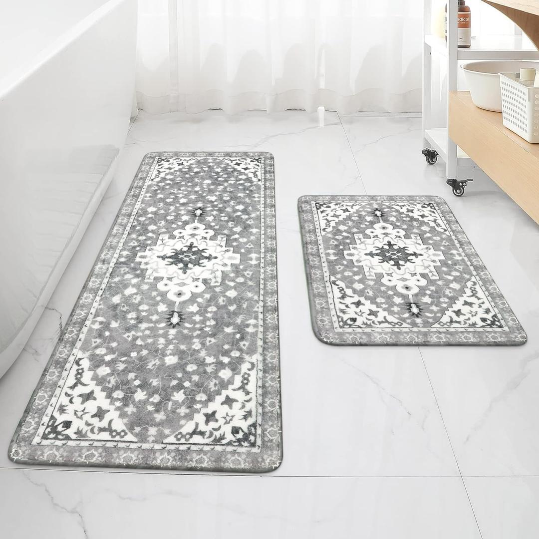 Uphome Boho Vintage 2 Piece Bathroom Rug Set Gray Non-Slip Soft Bathroom Rug Sets Machine Washable Oriental Aesthetic Bath Runner Traditional Tribal Floral Floor Mats for Shower Vanity Door Mat (18"x25"+18"x47", Grey)