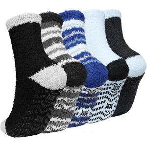 CaiDieNu Fuzzy Socks for Men with Grippers, Fluffy Slipper Socks Winter Warm Thick Home Hospital Cozy Non-slip Socks 5 Pairs (11-13, Striped Series)
