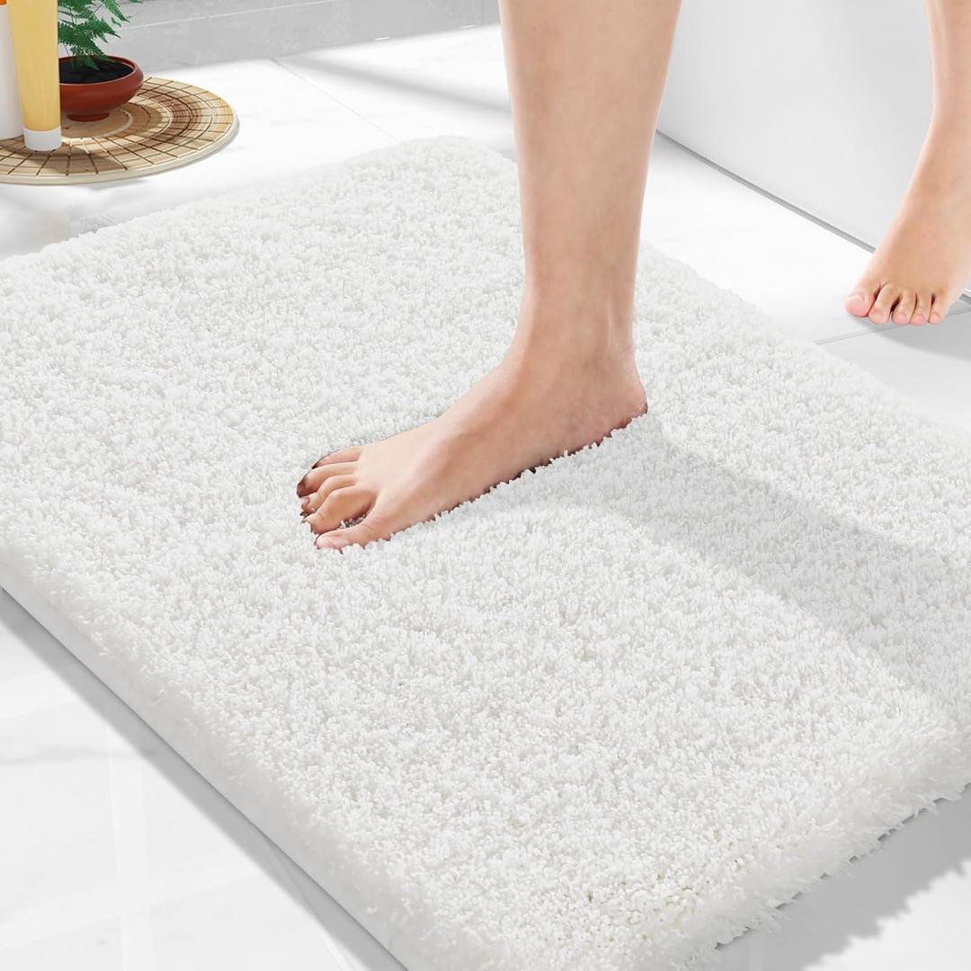 Yimobra Bathroom Rugs Non Slip Washable, Ultra Soft and Water Absorbent Bath Mats, Plush Fluffy Shower Mat Outside, Microfiber Thick Matts for Bathroom Floor/Sink, 24x17, Off White