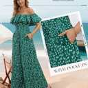 BeryLove Women Floral Casual Jumpsuit Summer Off The Shoulder Wide Leg Vacation Beach Jumpsuits with Pockets (Green, XL)