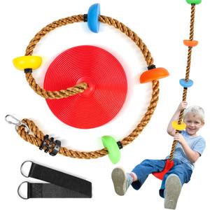 Climbing Rope Tree Swing with Platforms and Swing Seat Outdoor Playground Accessories for Kids Including Hanging Strap & Carabiner (Red-brown Rope)