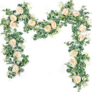 Der Rose 2 Pcs 13FT Artificial Flower Garland, Floral Eucalyptus Spring Garland with Champagne Rose, Faux Flower Vine for Wedding Arch Backdrop & Table Decor