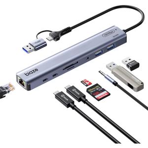 BIAZE 9-in-1 USB/ USB C Hub Adapter for MacBook, iPhone, 3 USB Ports (2xUSB 3.0, USB 2.0), 100M Ethernet, SD/ TF Card Reader, 3.5mm Audio, 2X USB-C Data Ports, No Driver Required