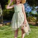 Arshiner Girls Dresses Formal Party Wedding Tulle Sleeveless Contrast Mesh High Low Dress with Belt (Green, L)