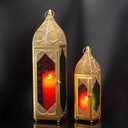 TRIROCKS Set of 2 Moroccan Candle Lanterns 23''&15.5'' H Decorative Candle Holder Hanging Lanterns with Embossed Colored Tempered Glass Ramadan Decorations for Home Outdoor Indoor Patio Weddings(Gold)