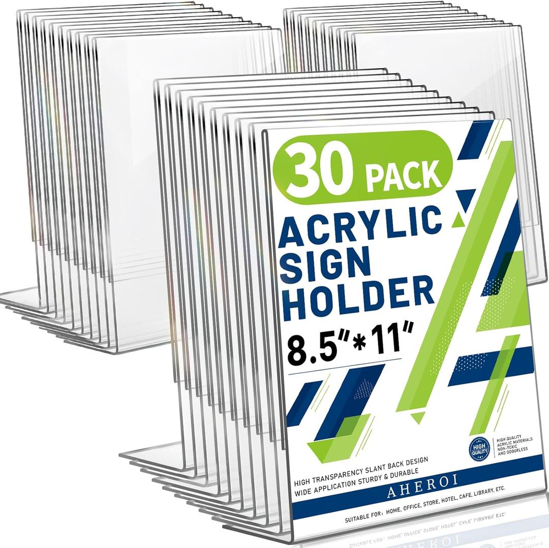 Aheroi Acrylic Sign Holder 8.5 x 11, 30Pcs Plastic Sign Holder 8.5 x 11 Standing, Clear Paper Holders Acrylic Paper Document Holders, Plastic Stands Flyer Display,Office School Table Supplies