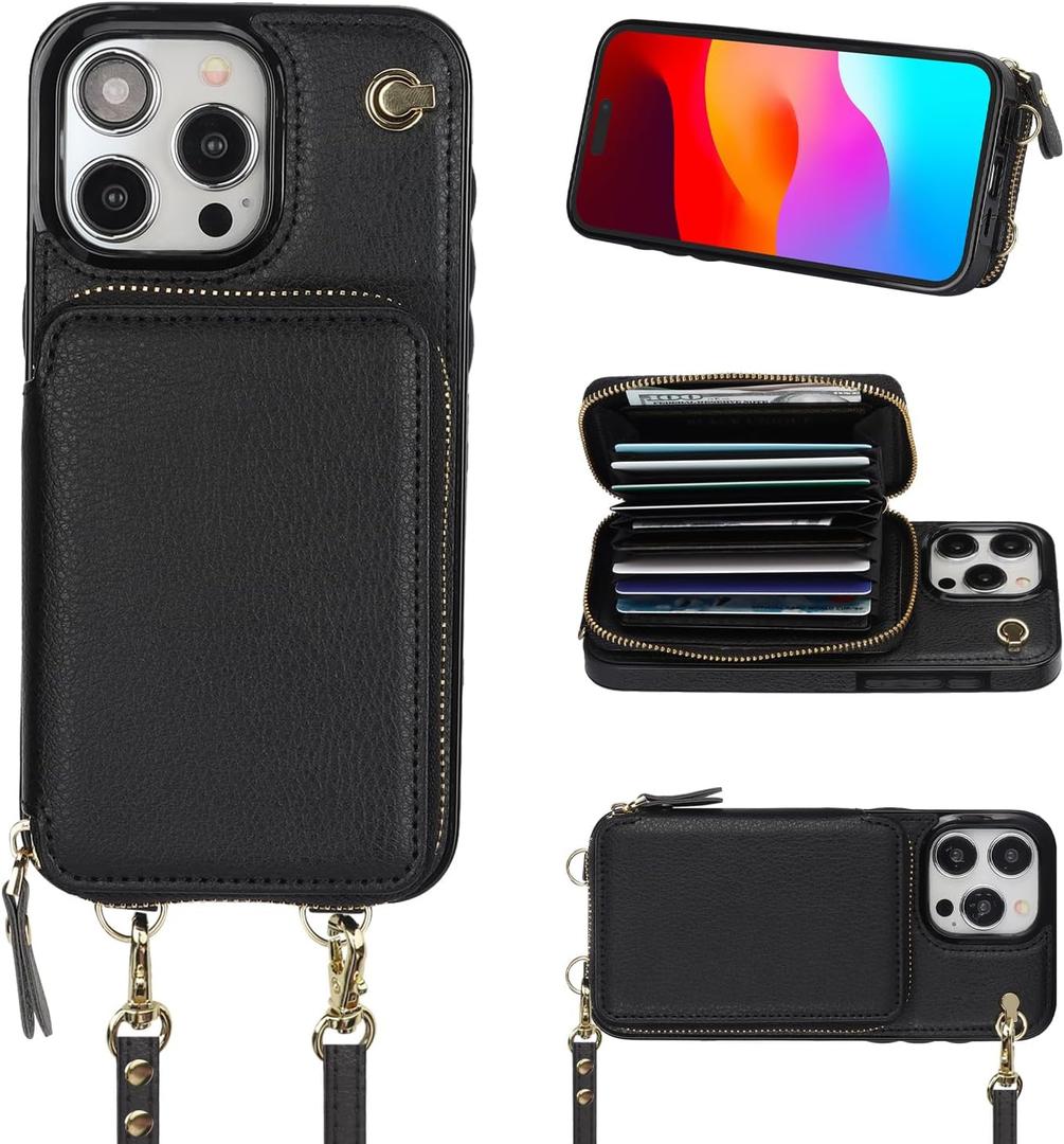 Bocasal Crossbody Wallet Case for iPhone 15 Pro Max, RFID Blocking Leather Purse Case with Card Holder, Protective Handbag Flip Cover with Zipper Wrist Strap Lanyard for Women 5G 6.7 Inch (Black)