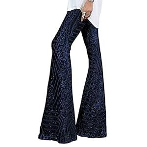 BLENCOT Women's Glitter Sequin Wide Leg Palazzo Pants High Waist Bell Bottoms Night Club Flared Trousers Navy Blue S