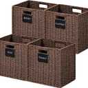 UBBCARE 4 Pack Wicker Basket, 10.5×10.5 Storage Cubes with Label, Foldable Cube Storage Bin with Handle, Square Storage Basket for Shelves, Woven Paper Rope Basket for Organizing, Brown