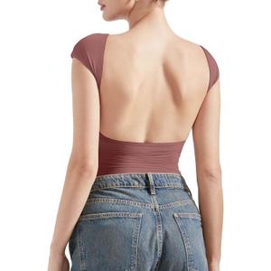 SUUKSESS Women Backless Sexy Going Out Tops Double Lined Open Back Y2k Basic Tee Shirts (Medium, Marsala)