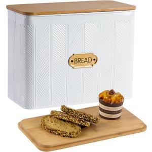 HOME PALETTE Extra Large Bread Box for Kitchen Countertop Corner Breadbox for Homemade Bread Metal White Diagonal Stripe Pattern Embossed Storage Container Bin with Bamboo Lid Fits 2 Loaves of Bread