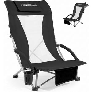 Low Beach Chairs for Adults with High Back, Support 400LBS | Portable Beach Chair with 3-Position Adjustable Upper Backrest, Neck Support & Cup Holder for Beach, Caming, Black
