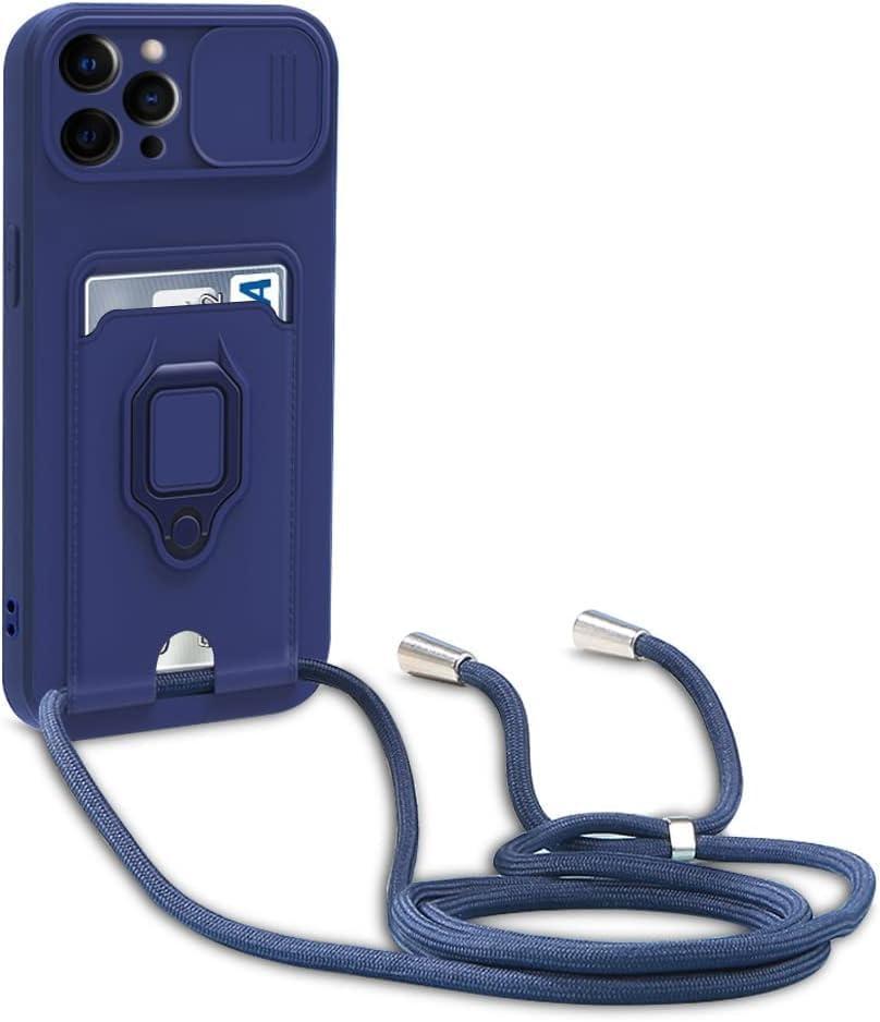 Crossbody Case for iPhone 15 Pro with Detachable Lanyard, 5-in-1 Silicone Crossbody Cover with Sliding Camera, Adjustable Necklace Rope, Card Holder, Rotating Ring Stand Case, Blue