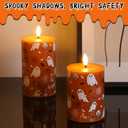 Burnt Orange Halloween Flameless Pillar Candles with Remote, Ghost LED Wax Candles Battery Operated Set of 3