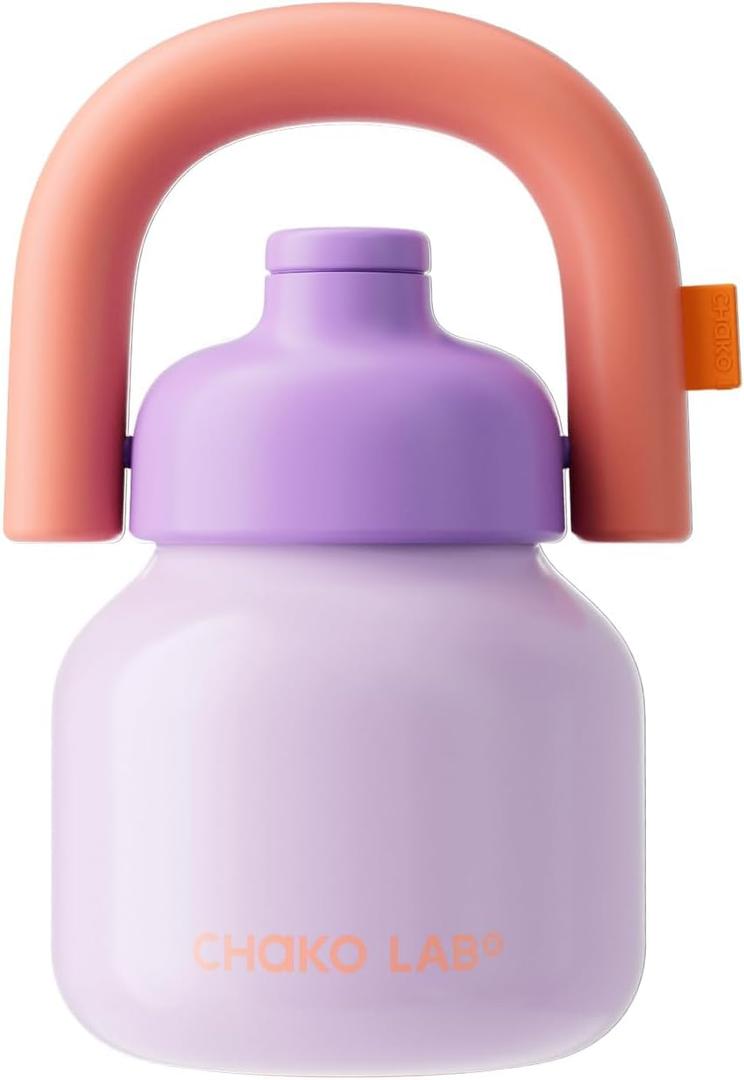 CHAKO LAB Water Bottle with Straw and Carry Handle | Wide Mouth vacuum insulated stainless steel Bottles | Reusable, leak-proof and BPA-free | 33oz (Purple&Orange)