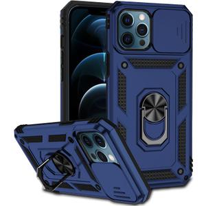 Phone Case for iPhone 12 Pro Max with Camera Lens Cover HD Screen Protector,Military Grade Ring Car Mount Kickstand Hybrid Hard PC Soft TPU Shockproof Protective Blue