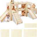 Extra Large Wooden Rabbit Castle Hideaway Tunnel and Bed Small Animal Hideaway Hut Solid Safe Construction Play Hideaway Hut for Rabbit Guinea Pig Chinchilla