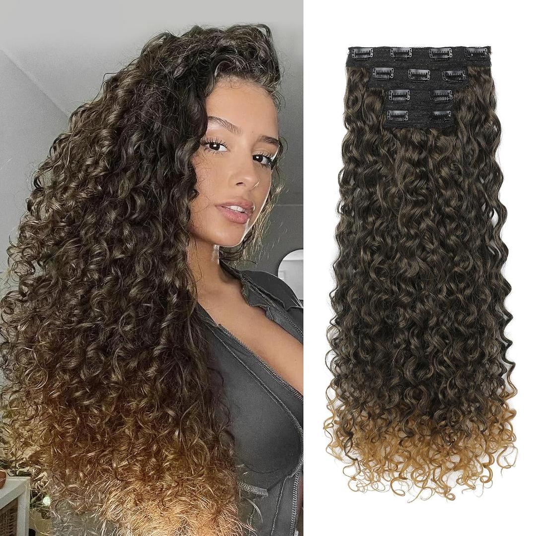 LONAI 4PC Clip in Hair Extensions, 100 Pure Protein Silk Curly Hair Extension for Women, 26 Inch Long Soft Natural Hair Extensions-Brown to Dirty Blonde