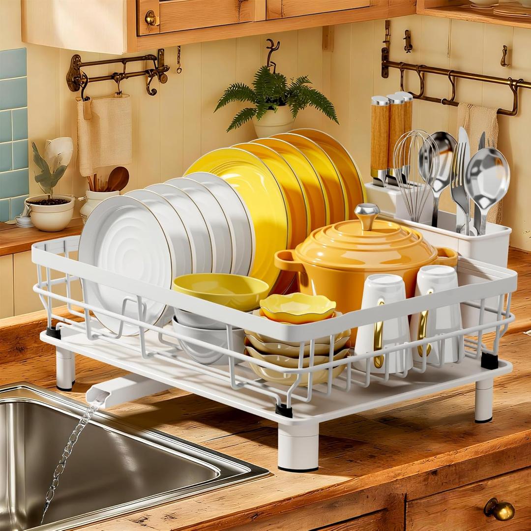 Dish Drying Rack, Dish Rack, Stainless Steel Dish Racks for Kitchen Counter, Dish Drainer with Removable Utensil Holder, Drainboard (White,13''W x 17''L)