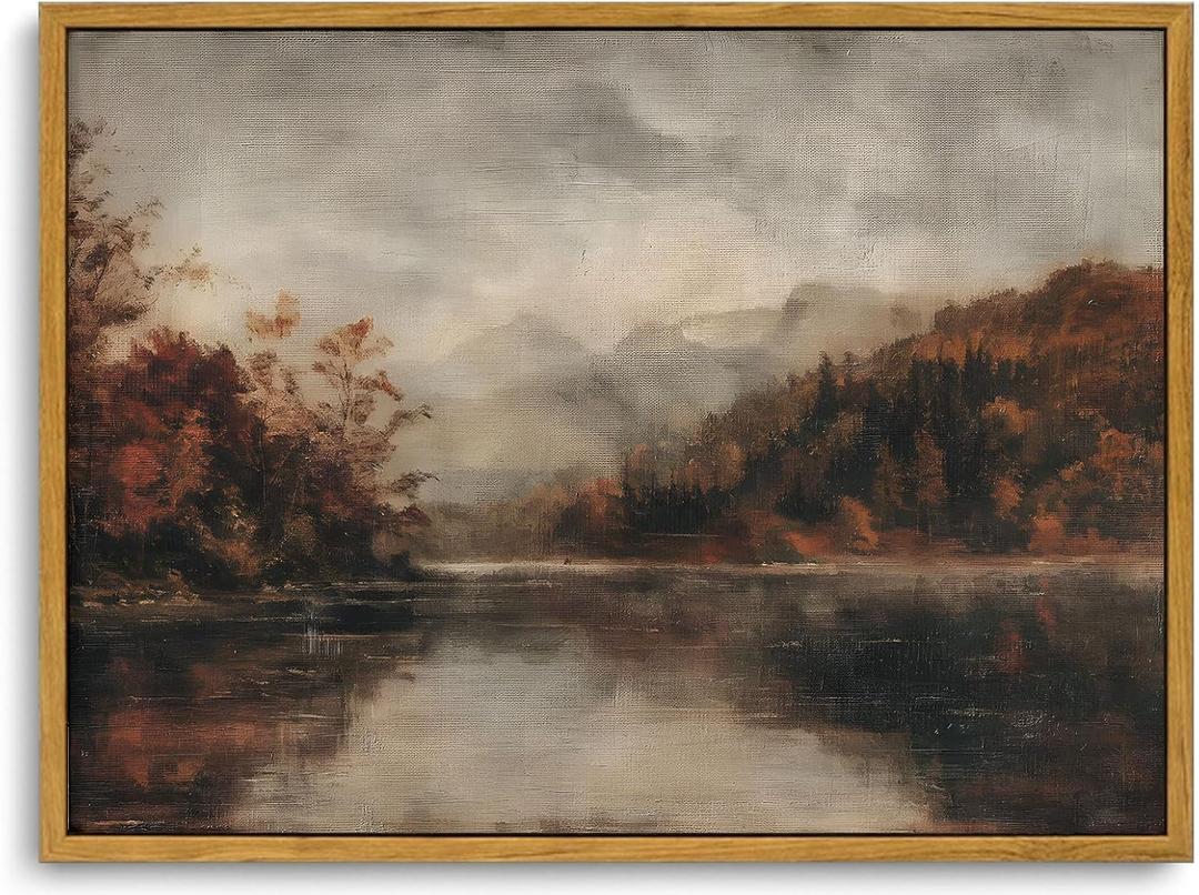 KISSFOX Vintage Framed Wall Art Decor Rustic Fall Landscape Pictures Wall Decor Moody Autumn Lake Scenery Canvas Art Prints Modern Farmhouse Paintings Artwork For Bedroom Kitchen Living Room, 24"L x 16"W