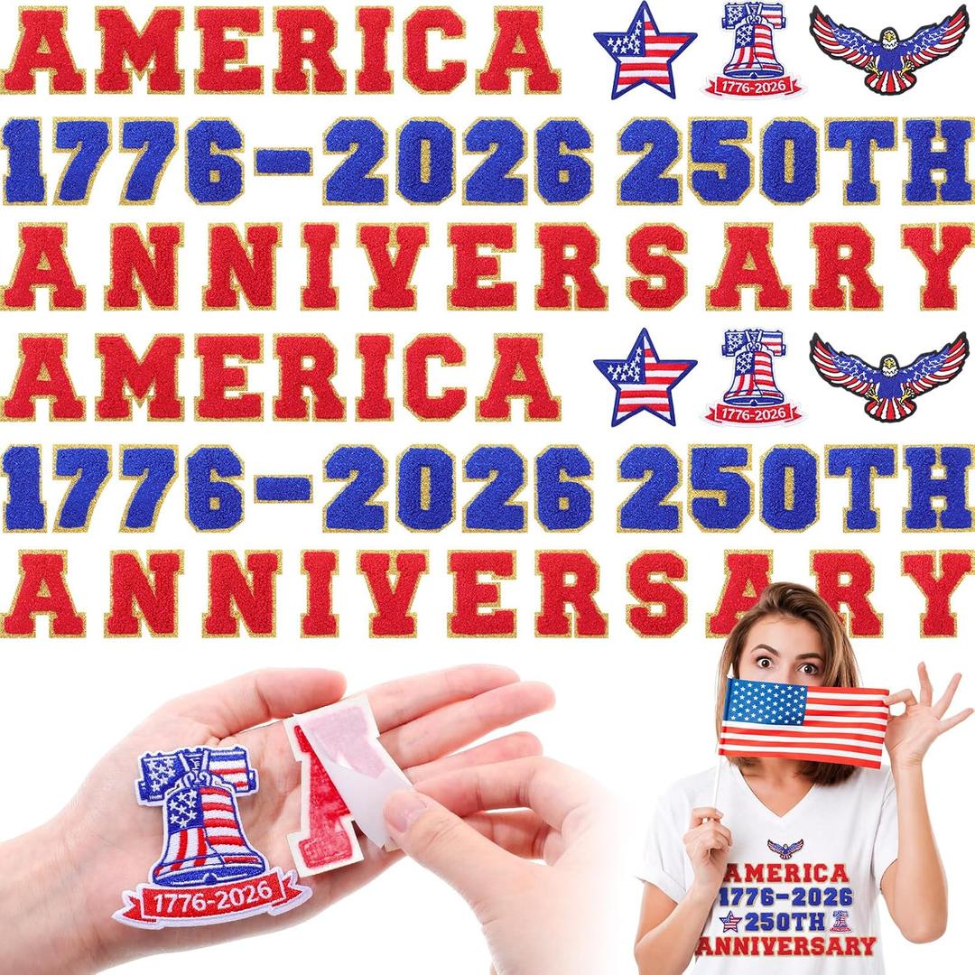 Yungyan 70 Pcs 250th Anniversary Patch Iron on Chenille 4th of July Patriotic USA Liberty Embroidered Patch Flag Independence Day for Hats Backpacks Vests Bags Dog Harnesses