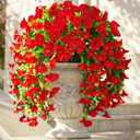 Ivydale 2 PCS Artificial Hanging Flowers Fake Plants Outdoor,Silk Morning Glory Faux Flowers with Eucalyptus Leaves,UV Resistant Realistic Hanging Petunias Plants for Home Garden Decor (Red)