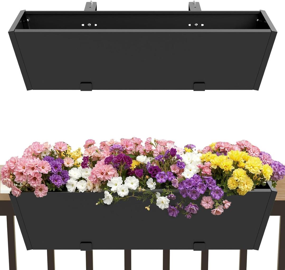 Railing Planter Box Metal Hanging Planter for Outdoor Balcony Heavy-Duty Window Planter Box with Adjustable Brackets 2PCS