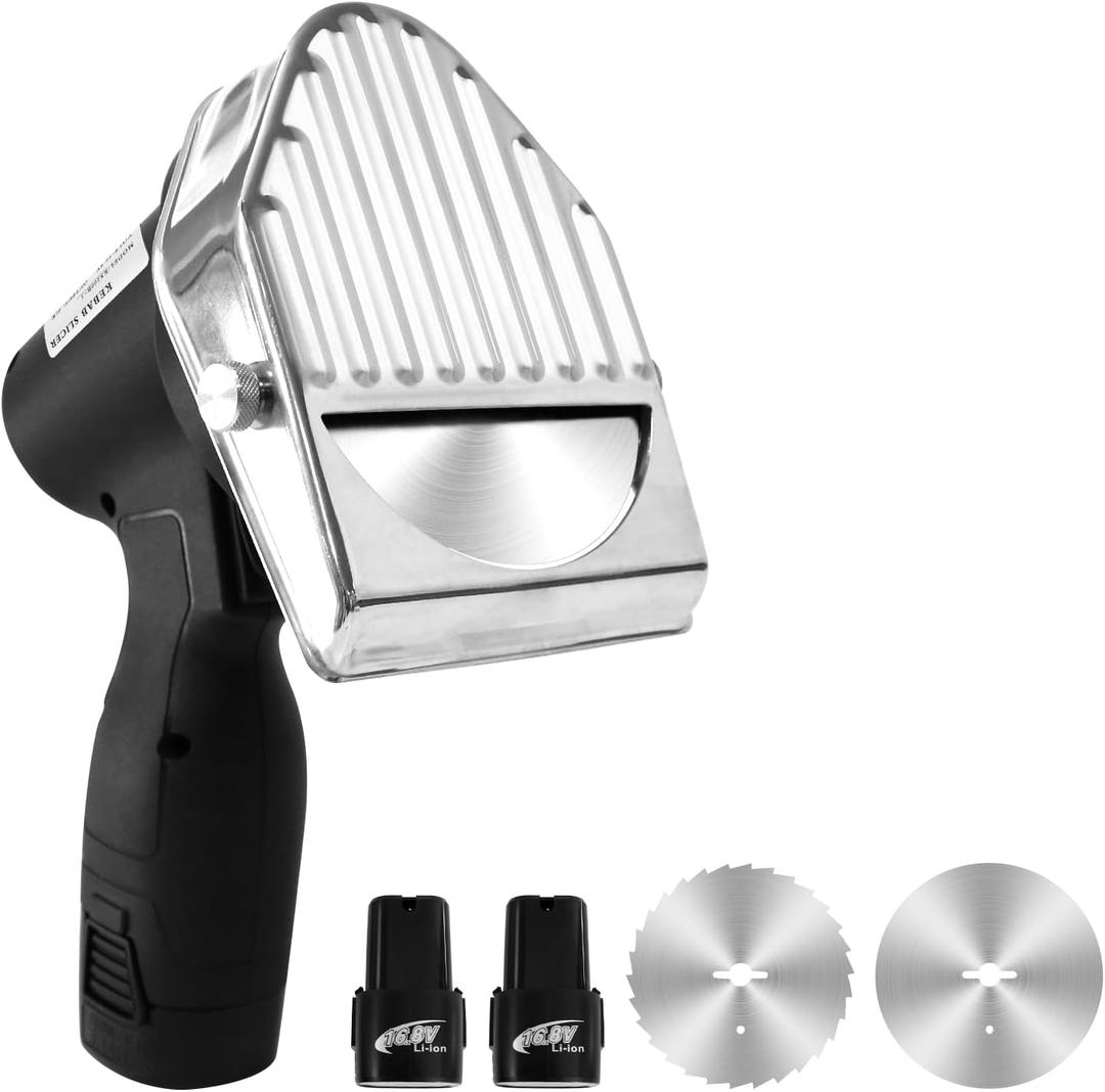 Cordless Electric Kebab Slicer 80W Commercial Shawarma Meat Cutter Portable Doner Kebab Slicer with Fast Charger and 212V Batteries, 2 Removable Blades Max Cutting Thickness 8mm