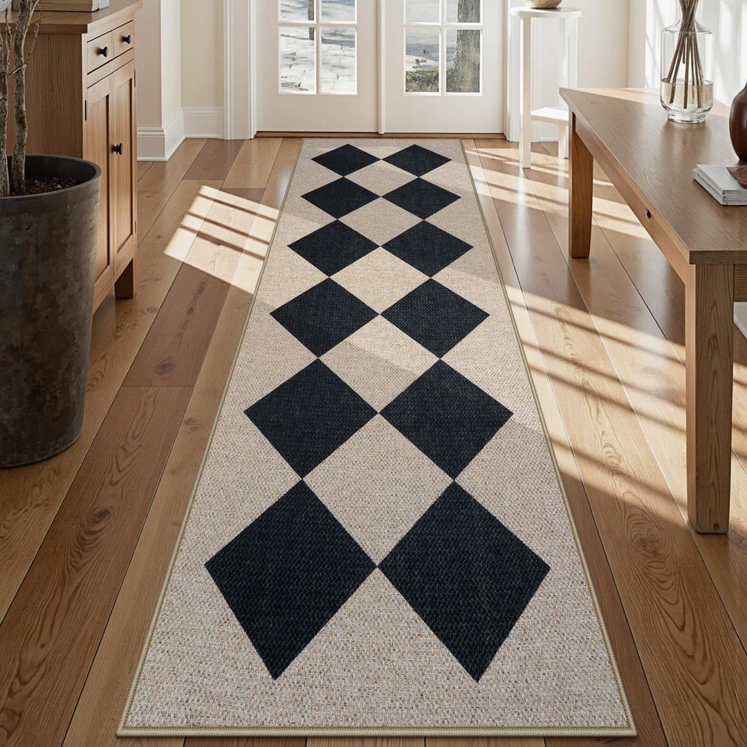 Collive Checkered Easy Jute Runner Rug, 2.5x8 Black Washable Kitchen Rugs Runners for Hallway Non Slip, Modern Geometric Diamond Indoor Outdoor Porch Carpet for Front Patio Foyer Entryway