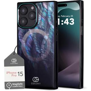 COCOMII Rectangle Case for iPhone 15 Pro, Compatible with MagSafe, Black Real Mother of Pearl