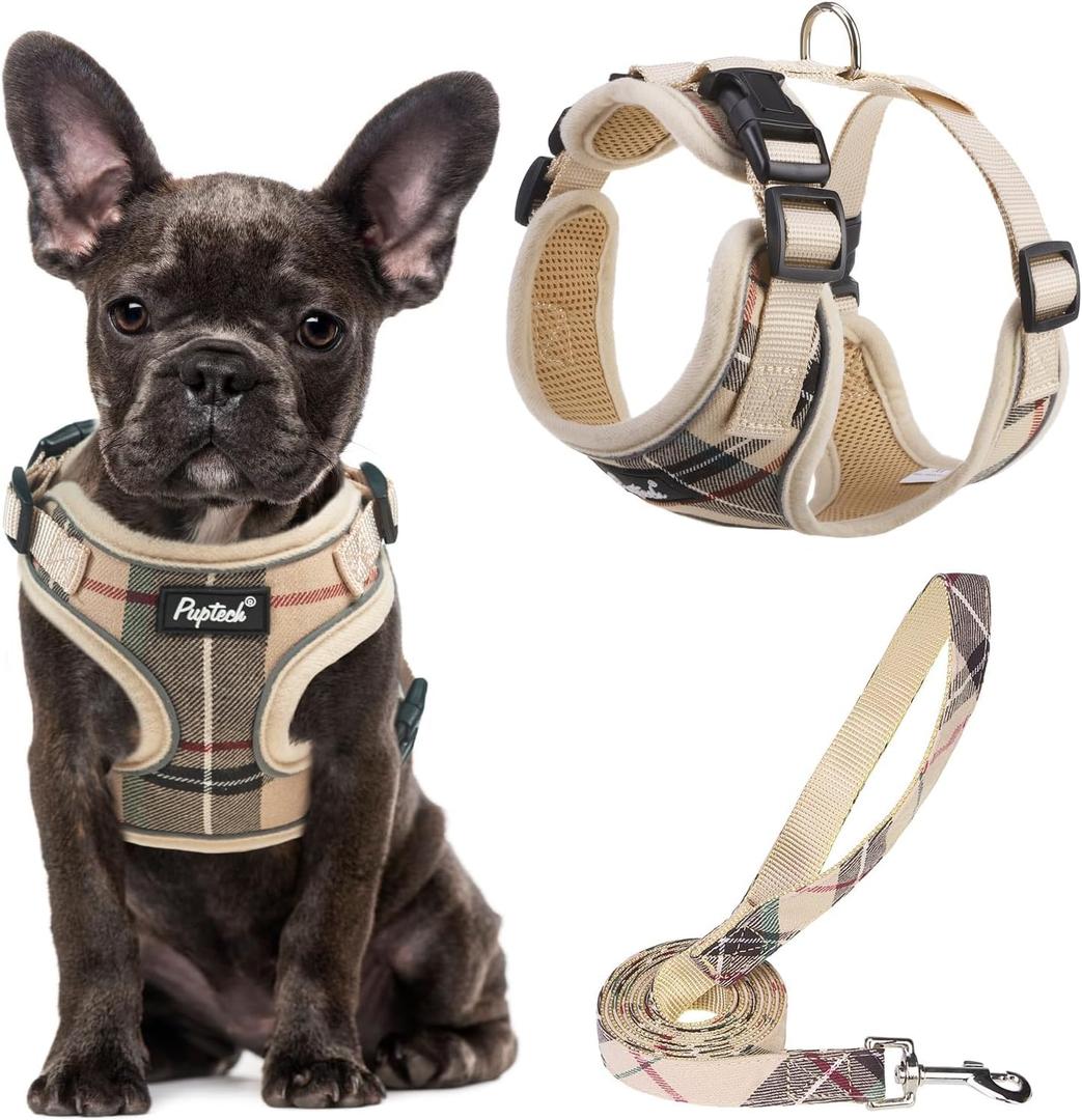 PUPTECK Soft Mesh Dog Harness and Leash Set Pet Puppy Cat Adjustable Reflective Padded Vest No Pull Harnesses, Beige, S (S (NECK: 13-15", CHEST: 14-18"))