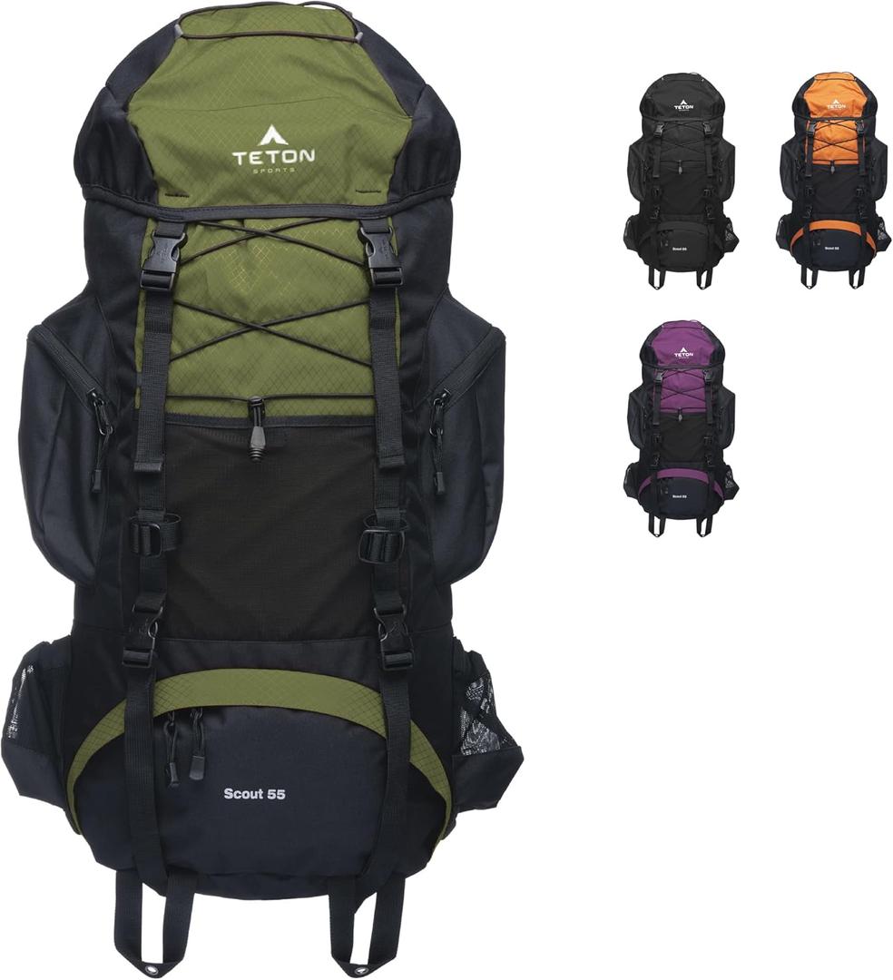 TETON 55L Scout Internal Frame Backpack for Hiking, Camping, Backpacking, Rain Cover Included (Olive)