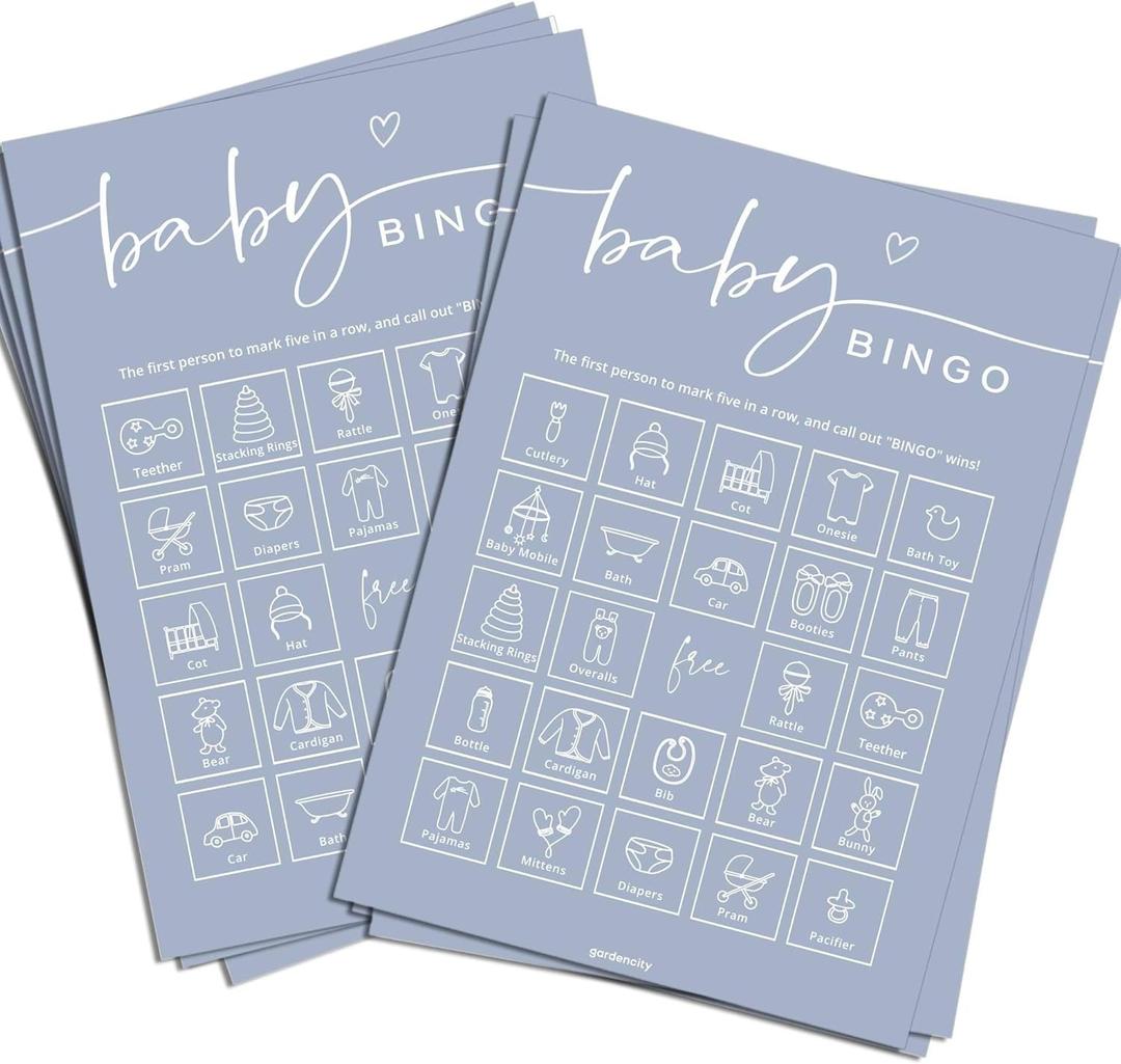 GardenCity Baby Shower Bingo Game (50 Unique Cards), Pre-Filled Fun Baby Shower Game Activity, Perforated Calling Cards, Gender Neutral Boy, Blue