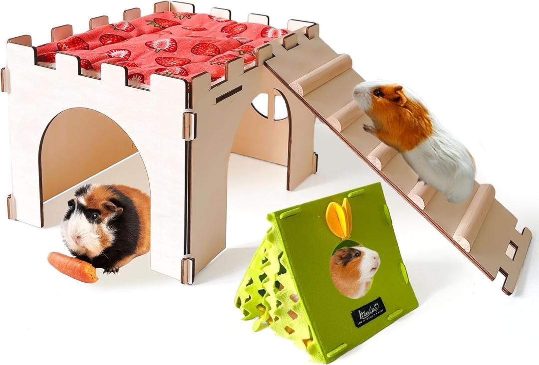 Guinea Pig Hideout, Large Wooden Guinea Pigs House with Stairs and Mats, Detachable Guinea Pig Castle Hide for Small Animals Hamster Chinchilla Ferret Habitats Accessories