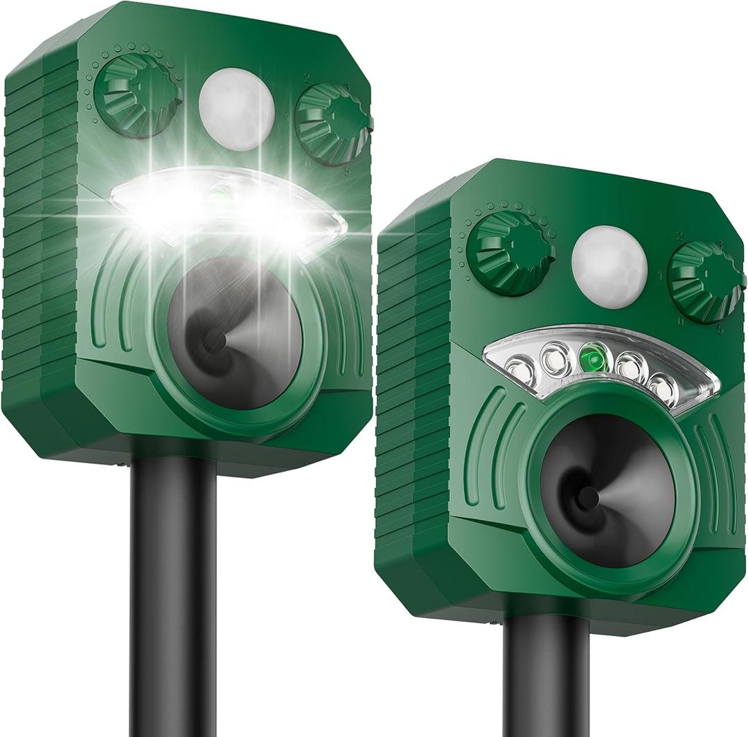 2 Pack Solar Ultrasonic Animal Repellent, Deer Repellent Devices with Motion Sensor, Waterproof Cat Repellent Outdoor with Flashing Lights to Scare Deer, Cats, Squirrels, Raccoons Away from Yard Lawn (Green)