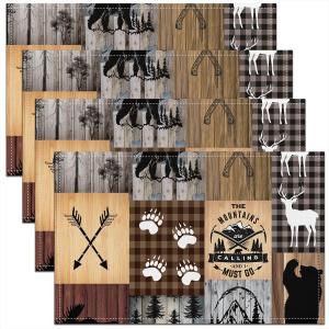 Plaid Deer Bear Placemats Set of 4 Kitchen Dining Table 18"x12" Bear Lodge Patchwork Washable Fabric Decoration Table Mats Set of 4 Camping Hunting Table Place Mats Rustic Cabin Buffalo Table Mats