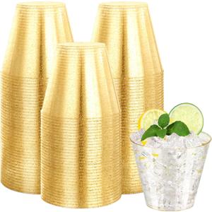 100 Pack 9 oz Gold Plastic Cups,Disposable Gold Glitter Plastic Cups,Fancy Durable Heavy-duty Plastic Glasses with Gold Glitter for Wedding,Parties,Thanksgiving,Christmas